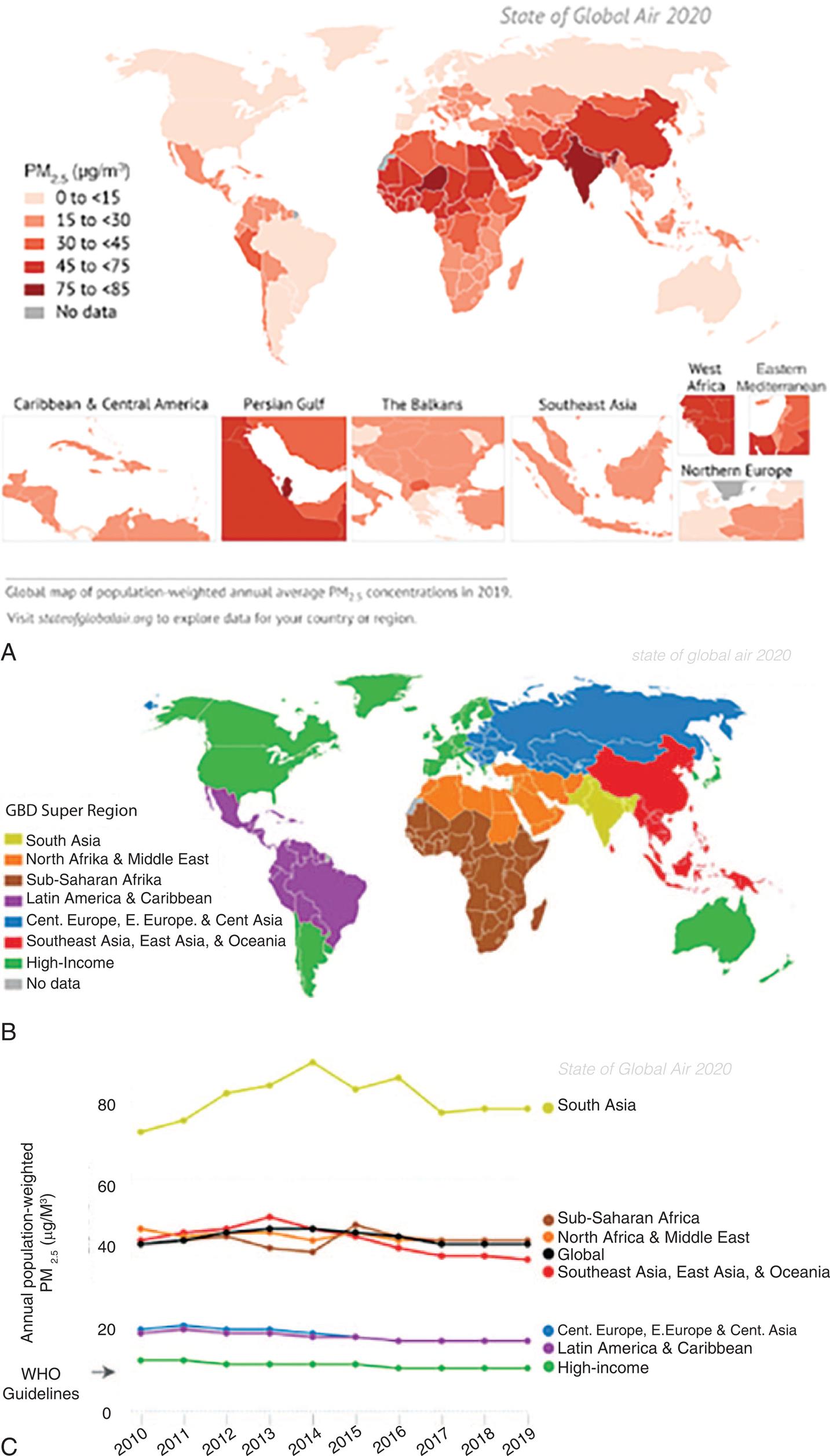 Two maps and a graph show data for global air pollution. Map A shows the prevalence of P M 2.5 substances in picograms per cubic meter. The approximate data from the graph are as follows. Less than 15 picograms per cubic meter: North America, Greenland, South America, Europe, Asia, and Australia. 15 picograms per cubic meter to 30 picograms per cubic meter: Latin America, Caribbean, South Africa, Middle East, East Asia. 30 picograms per cubic meter to 45 picograms per cubic meter: parts of South Africa, Middle East, and Central Asia. 45 picograms per cubic meter to 75 picograms per cubic meter: parts of North Africa, Middle East, and Southeast Asia. 75 picograms per cubic meter to 85 picograms per cubic meter: South Asia and parts of Western Africa. Map B is a color-coded world map grouping countries by similar cause-of-death patterns or global burden of diseases, G B D. In increasing order of patterns, the regions color-coded are as follows: South Asia; North Africa and Middle East; Sub-Saharan Africa; Latin America and Caribbean; Central, Europe, Eastern Europe, and Central Asia; Southeast Asia, East Asia, and Oceania; and High-Income. Line Graph C show annual population-weighted P M sub 2.5 substances in micrograms per cubic meter. The vertical axis ranges from 0 to 80 units, in increments of 20. The horizontal axis ranges from 20 10 to 20 19, in increments of 1 year. The data from the map and graph are as follows. 75 micrograms per cubic meter to 85 micrograms per cubic meter: South Asia. 40 micrograms per cubic meter to 50 micrograms per cubic meter: Sub-Saharan Africa, North Africa, Middle East, Southeast Asia, East Asia, and Oceania. 20 micrograms per cubic meter: Central Europe, Eastern Europe, Central Asia, Latin America, and Caribbean. The W H O Guideline is at about 13 micrograms per cubic meter and includes high-income countries: North America, South America, Greenland, Western Europe, Japan, Australia, and New Zealand.