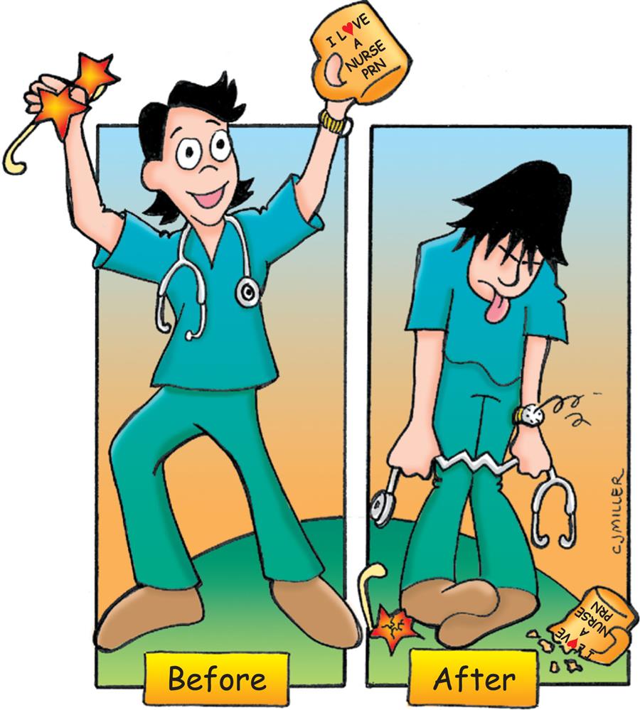 Two cartoons show a cheerful man with I love a nurse P R N mug in his hand, titled before and an exhausted man with same broken mug, titled after.