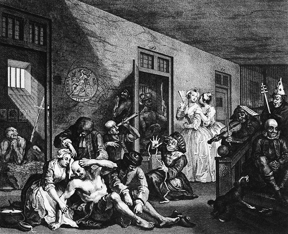 A black and white painting of a Bethlehem Royal Hospital with various patients and nurses tending to them.