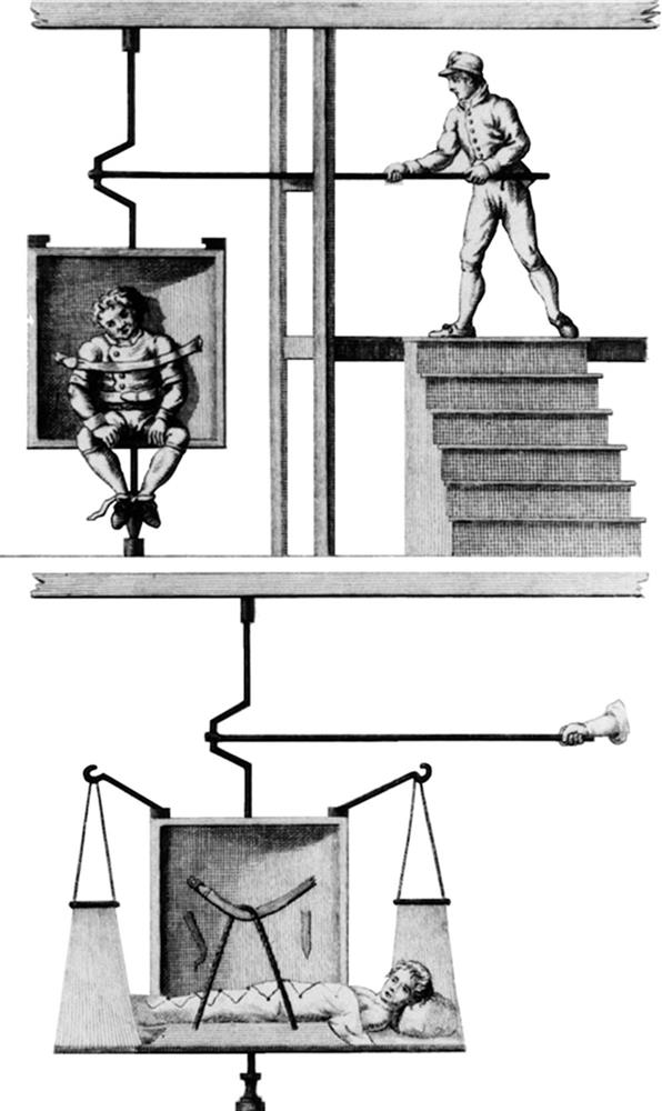 Top panel: A black and white painting of a patient tied to a swing and a man on the stairs stands with a pole positioned at the rod of the swing.Bottom panel: A black and white painting lying on a swinging bed and a hand holds a pole positioned at the rod of the swinging bed.