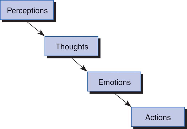 A flowchart shows components of behavior leading to each other from top to bottom as follows: Perceptions, thoughts, emotions, and actions.