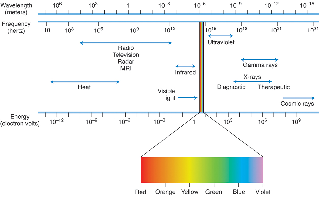 A diagram depicts a range of frequencies, wavelengths and energies of electromagnetic radiation. The log scale depicts the approximate values for different classes as follows. The frequency values for heat (10 to 10 to the power of 8); radio, television, radar, M R I (10 to the power of 4 to 10 to the power of 12); infrared (10 to the power of 12 to 10 to the power of negative 6); visible light (10 to the power of 15); ultraviolet (10 to the power of 15 to 10 to the power of 17); diagnostic x-rays and therapeutic x-rays (10 to the power of negative 8 to 10 to the power of negative 11); gamma rays (10 to the power of 18 to 10 to the power of 21), and cosmic rays (10 to the power of 22 to 10 to the power of 24). Visible light emanates different ranges of wavelengths starting from red light, through orange, yellow, green, and blue, to violet light.